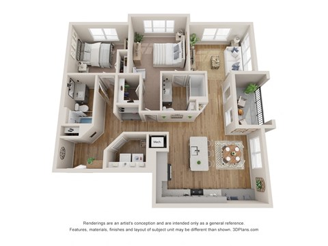 Floor plan for 2 beds, 2 baths, 1256 sqft